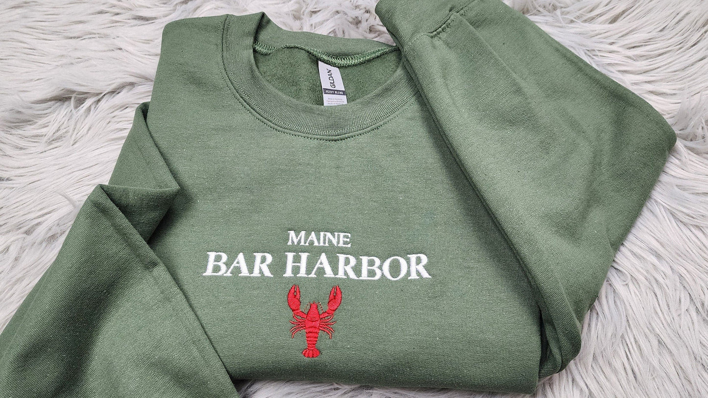 Maine Bar Harbor Embroidered Crewneck - Bar Harbor Crewneck - Maine Lobster Crew - Embroidered Gifts - T-Shirt - Sweatshirt - Hoodie