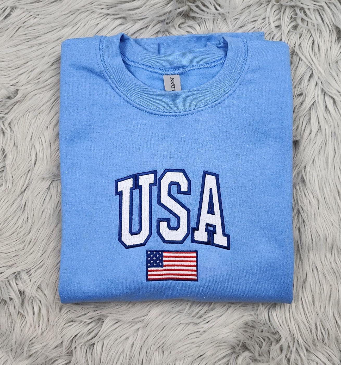 Embroidered USA Unisex Crewneck - USA Flag Sweatshirt -  Embroidered Gift USA