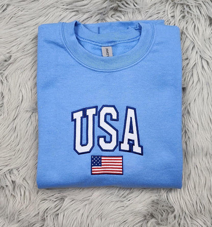 Embroidered USA Unisex Crewneck - USA Flag Sweatshirt -  Embroidered Gift USA