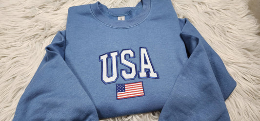 Embroidered USA Unisex Crewneck - USA Flag Sweatshirt -  Embroidered Gift USA