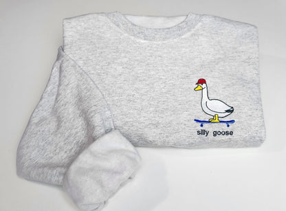 Silly Goose Skate Board Embroidered Sweatshirt - Funny Silly Goose Embroidered Sweatshirt - Embroidered Pocket Design