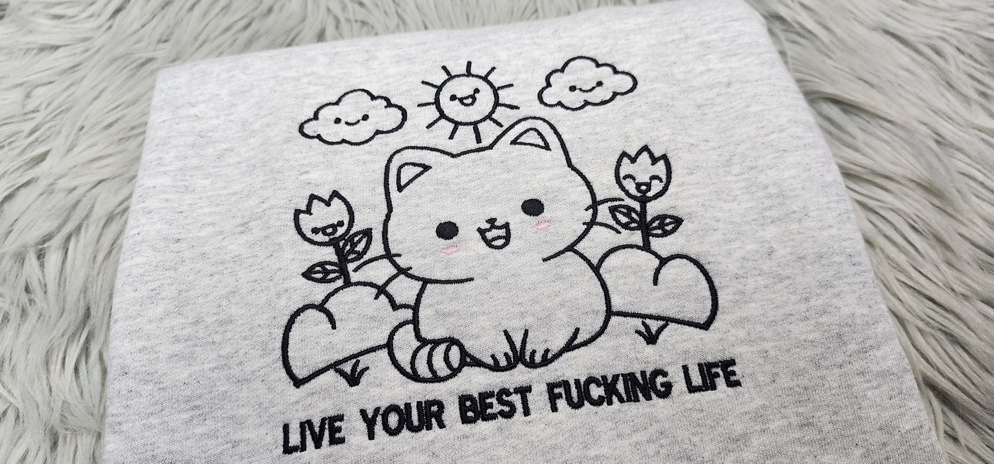 Kawaii Cat Embroidered Crewneck - Live Your Best Life Crewneck - Cute Kitten Sweatshirt - T-Shirt - Sweatshirt - Hoodie