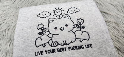 Kawaii Cat Embroidered Crewneck - Live Your Best Life Crewneck - Cute Kitten Sweatshirt - T-Shirt - Sweatshirt - Hoodie