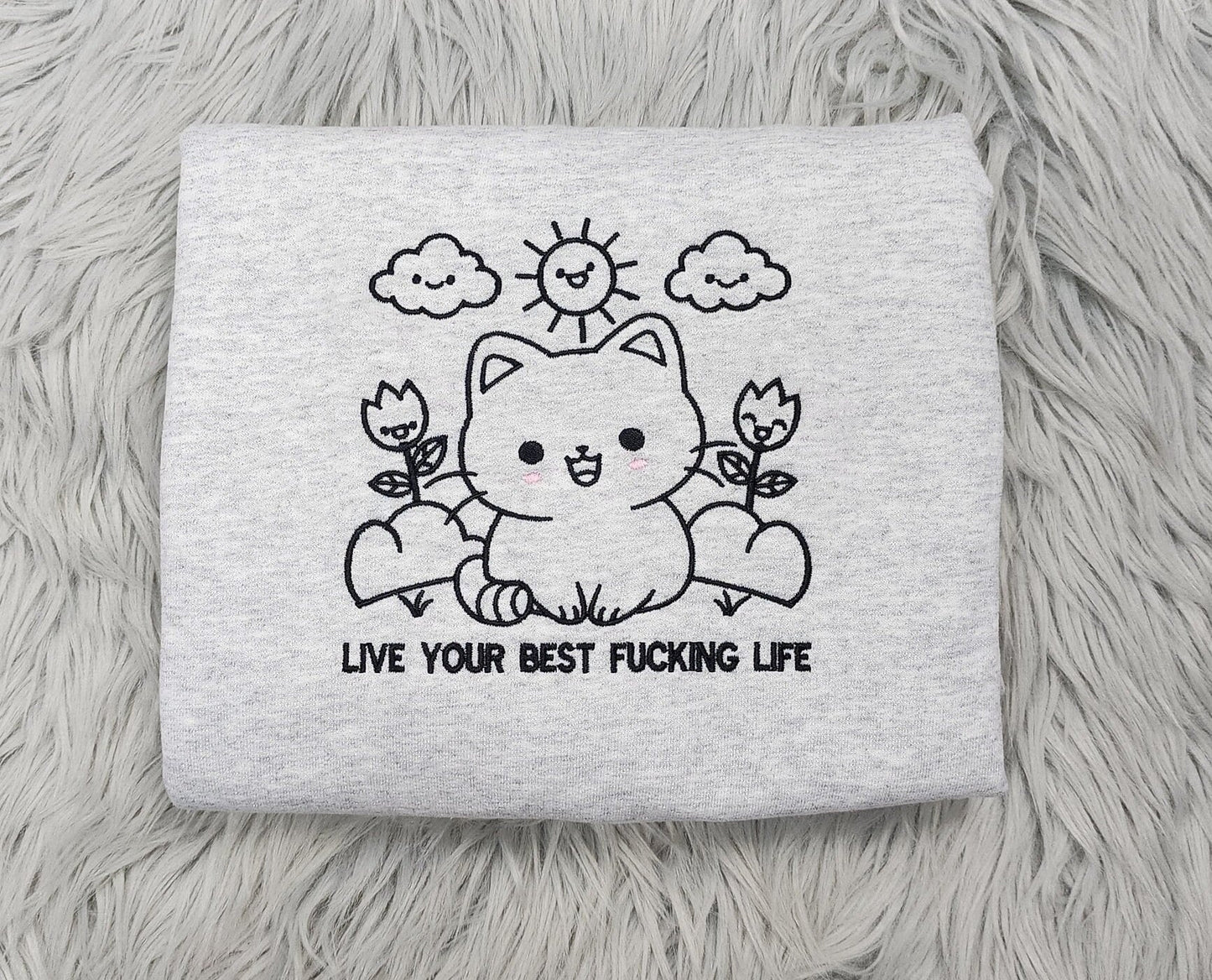 Kawaii Cat Embroidered Crewneck - Live Your Best Life Crewneck - Cute Kitten Sweatshirt - T-Shirt - Sweatshirt - Hoodie
