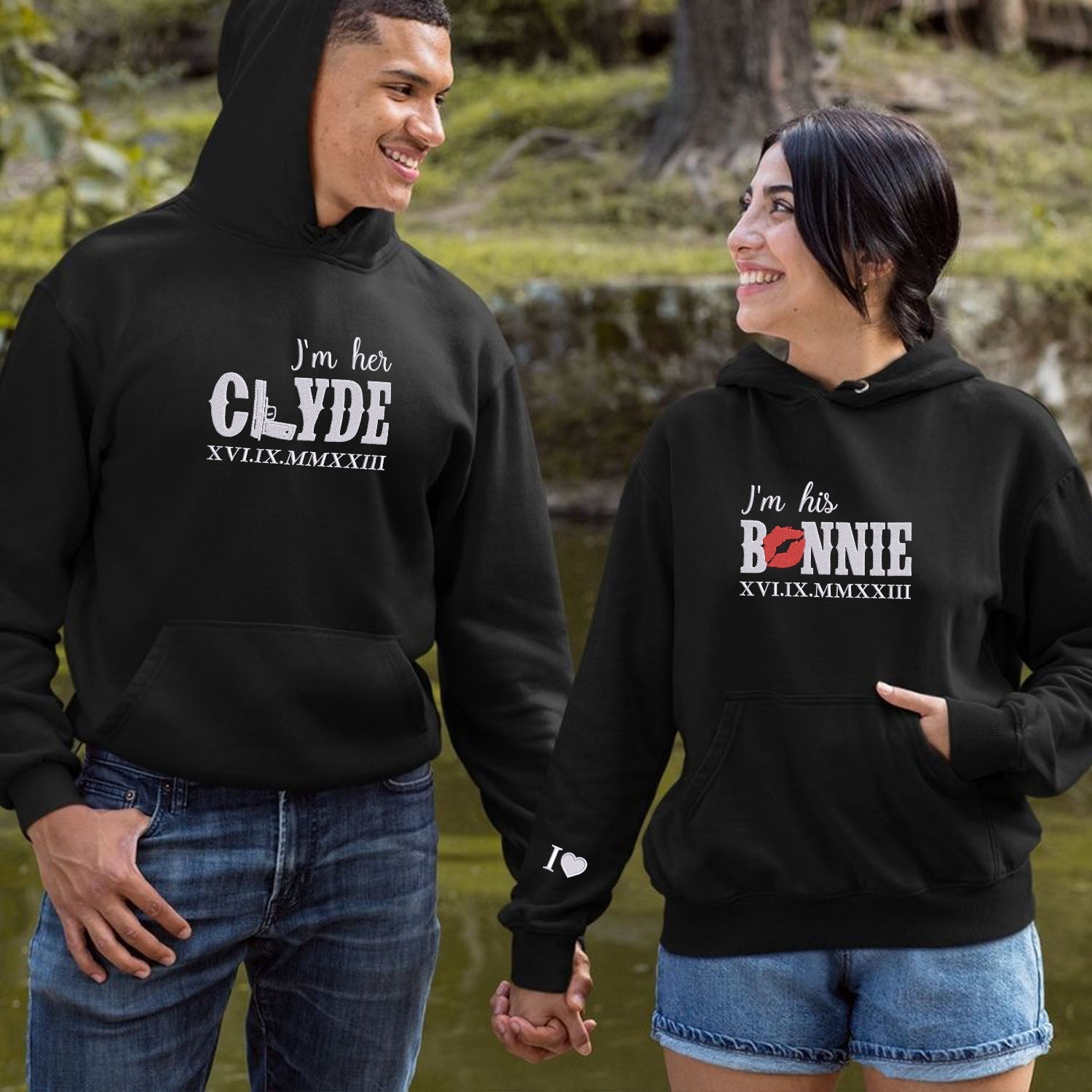 Embroidered His Bonnie Her Clyde Hoodies or Sweatshirts with Roman Numerals