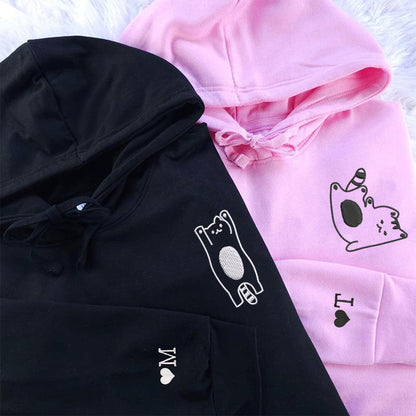 Custom Embroidered Silly Cat Matching Hoodies for Couples
