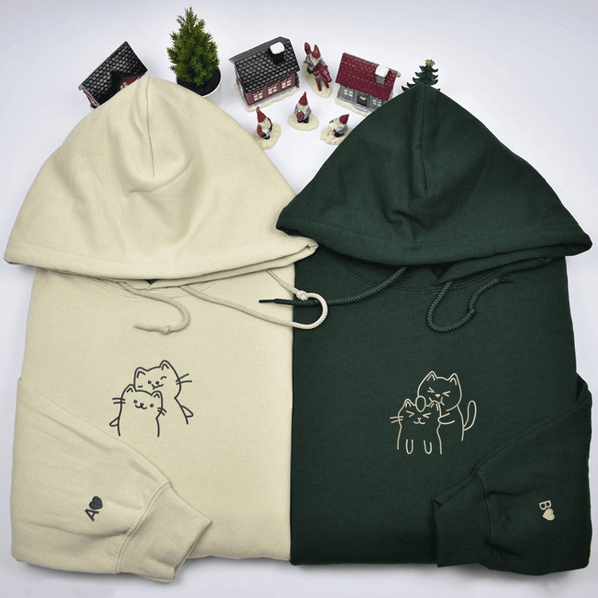 Custom Embroidered Doodle Cat Love Matching Hoodies for Couples