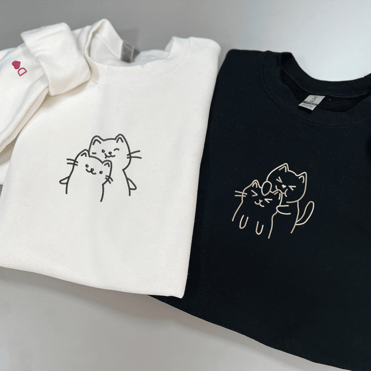 Custom Embroidered Doodle Cat Love Matching Hoodies for Couples