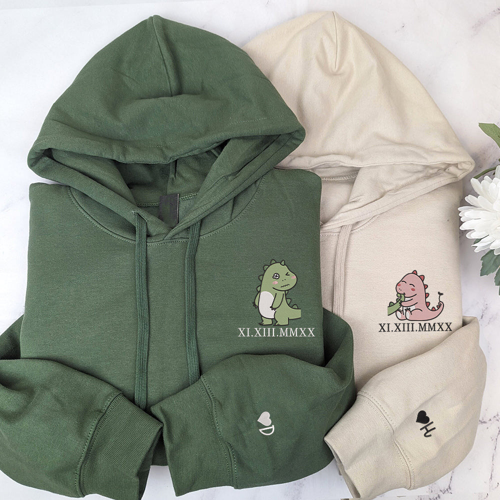 Lovely Couple Dinosaur Custom Roman Numeral Matching Embroidered Hoodies For Couples