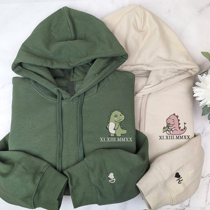Lovely Couple Dinosaur Custom Roman Numeral Matching Embroidered Hoodies For Couples