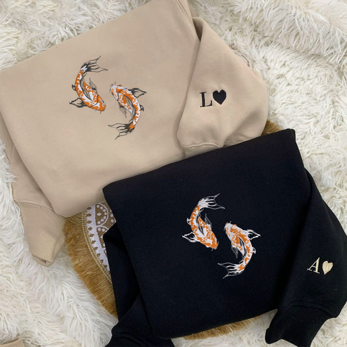 Custom Embroidered Yin & Yang Koi Fish Matching Hoodies for Couples