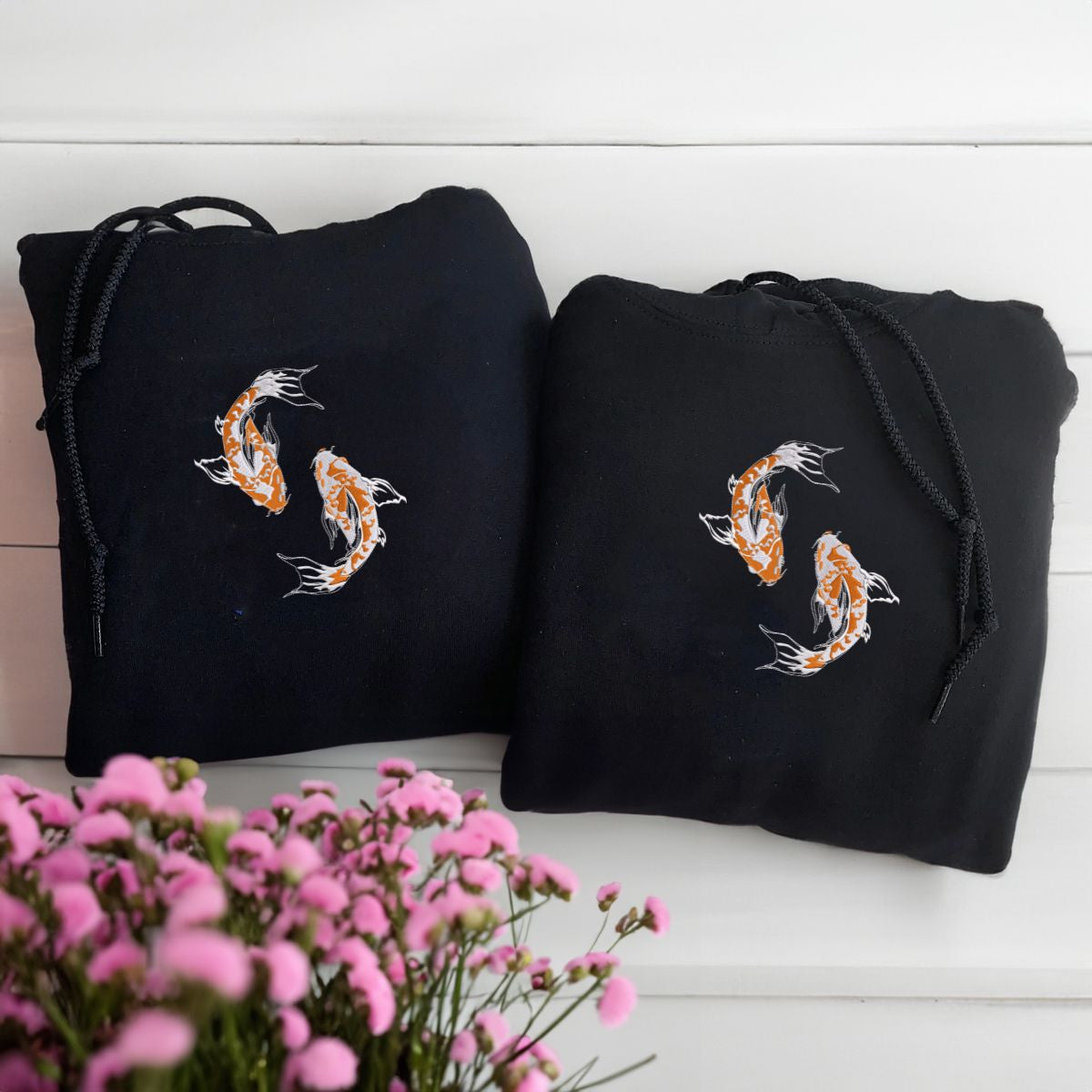 Custom Embroidered Yin & Yang Koi Fish Matching Hoodies for Couples