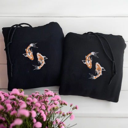 Custom Embroidered Yin & Yang Koi Fish Matching Hoodies for Couples