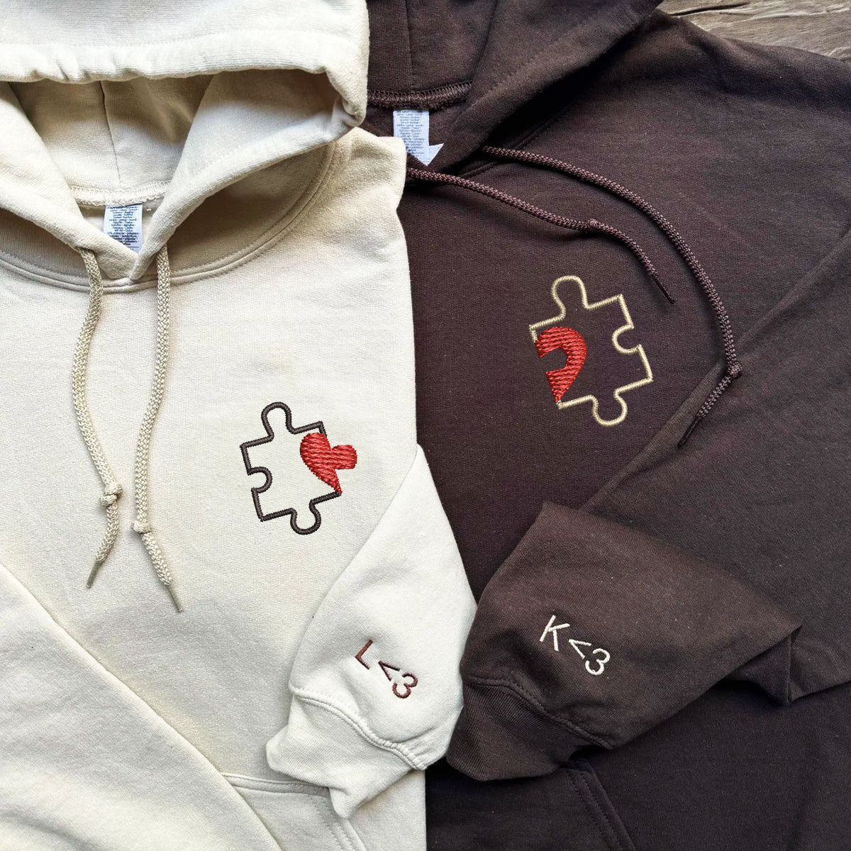 Custom Embroidered Puzzle Heart Matching Hoodies for Couples