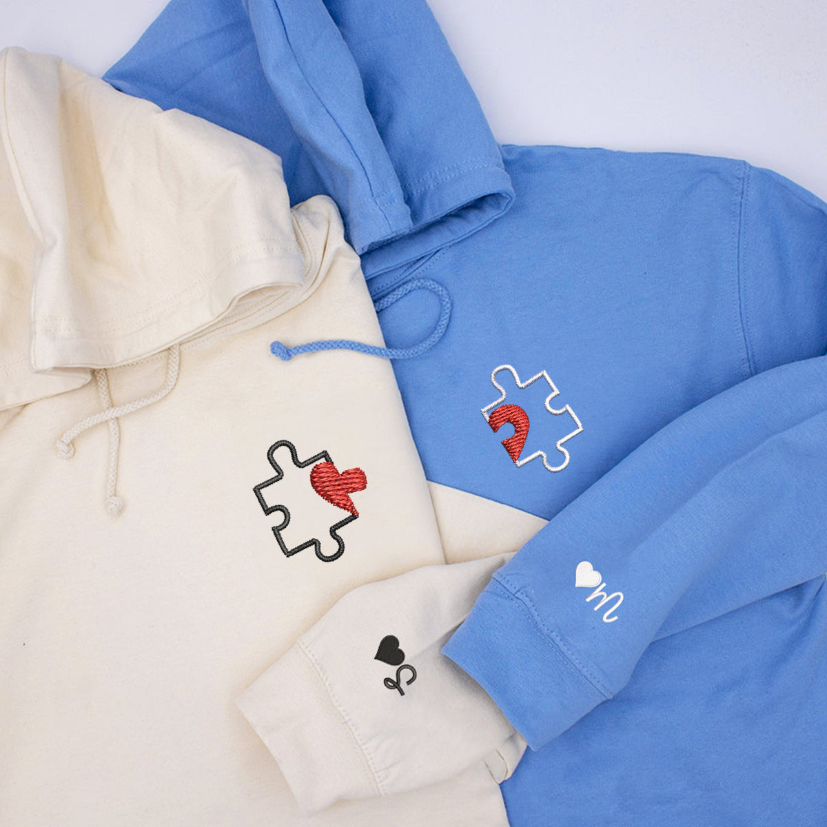 Custom Embroidered Puzzle Heart Matching Hoodies for Couples