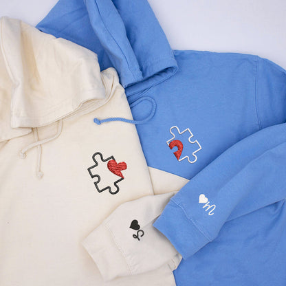 Custom Embroidered Puzzle Heart Matching Hoodies for Couples