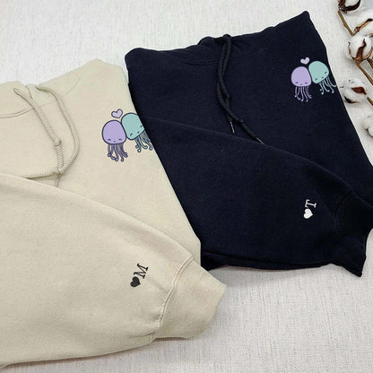 Cute Octopus Custom Embroidered Matching Hoodies For Couples