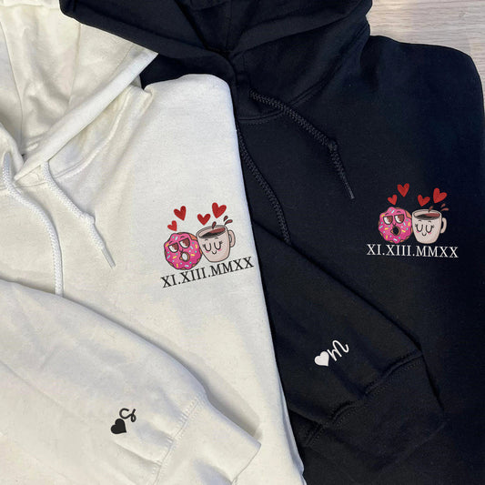 Donut and Coffee Custom Roman Numeral Matching Embroidered Hoodies For Couples