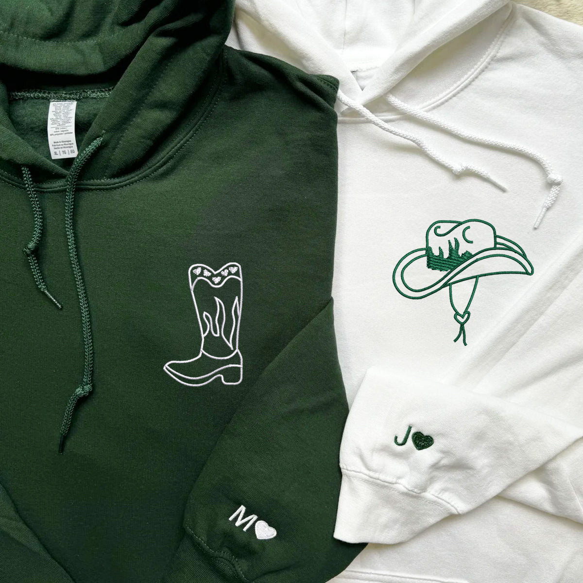 Custom Embroidered Cowboy Boots and Hat Matching Hoodies for Couples