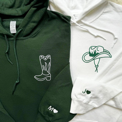 Custom Embroidered Cowboy Boots and Hat Matching Hoodies for Couples