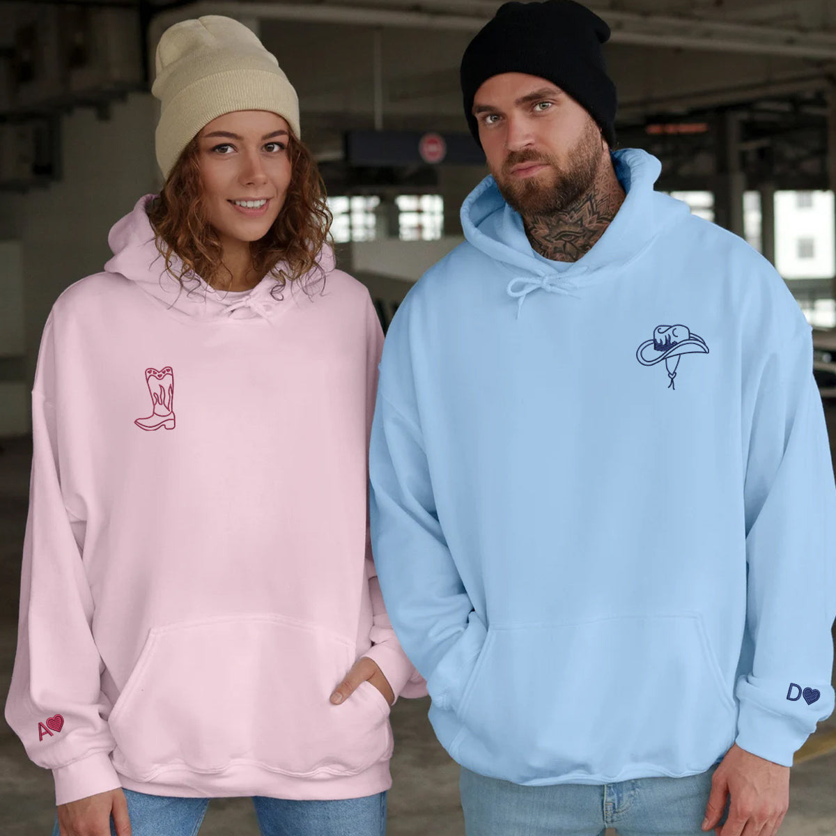 Custom Embroidered Cowboy Boots and Hat Matching Hoodies for Couples