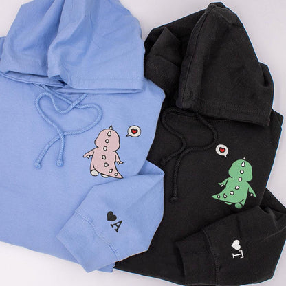 Cute Dinosaur Couple Custom Embroidered Matching Hoodies For Couples