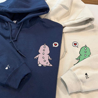 Cute Dinosaur Couple Custom Embroidered Matching Hoodies For Couples