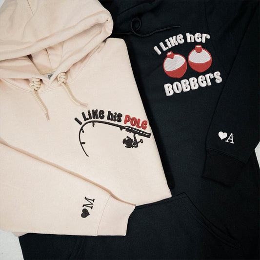 Custom I Like Her Bobbers Matching Embroidered Hoodies for Couples