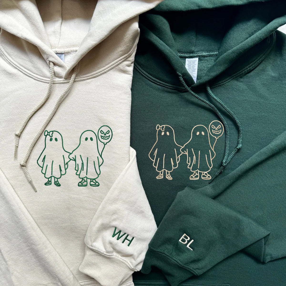 Custom Embroidered Ghost Holding Hands Matching Hoodies for Couples