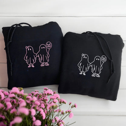 Custom Embroidered Ghost Holding Hands Matching Hoodies for Couples