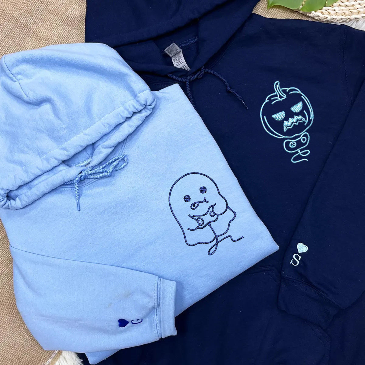 Custom Embroidered Pumpkin and Ghost Play Game Matching Hoodies for Couples