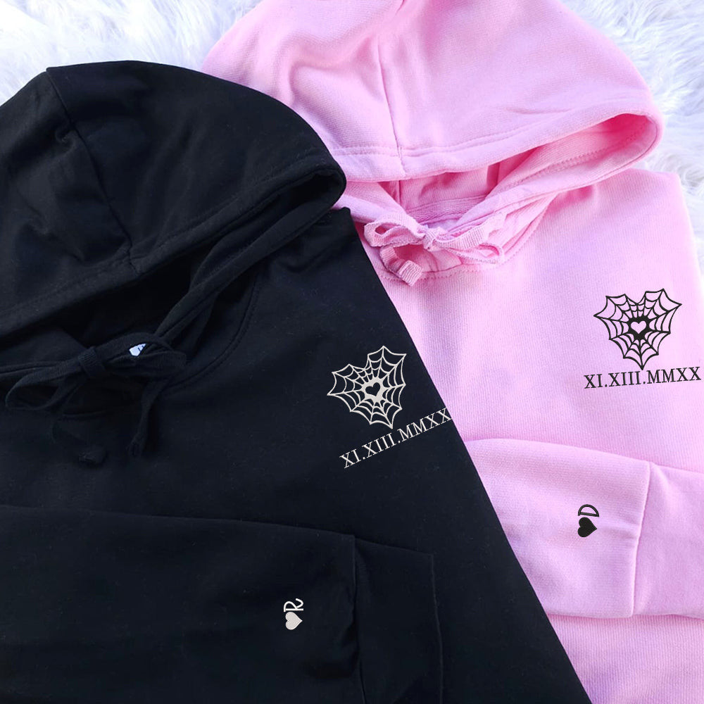 Heart Web Custom Roman Numeral Matching Embroidered Hoodies For Couples