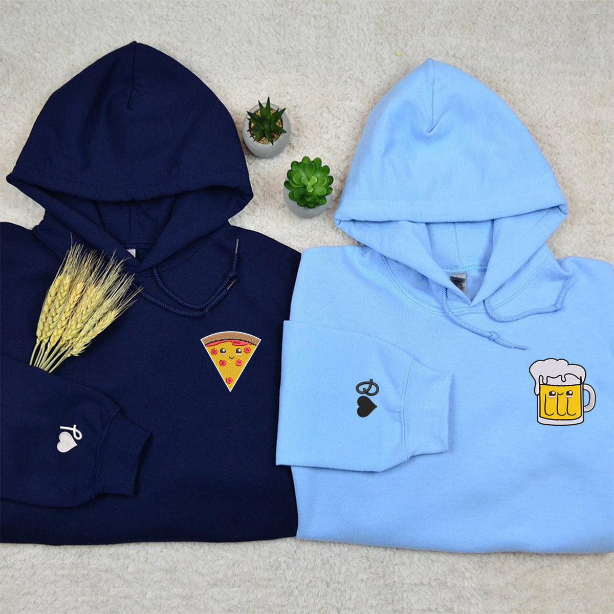 Custom Pizza And Beer Embroidered Matching Hoodies