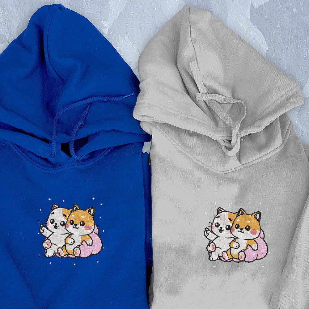 Cute Cat x Dog Custom Embroidered Matching Hoodies For Couples