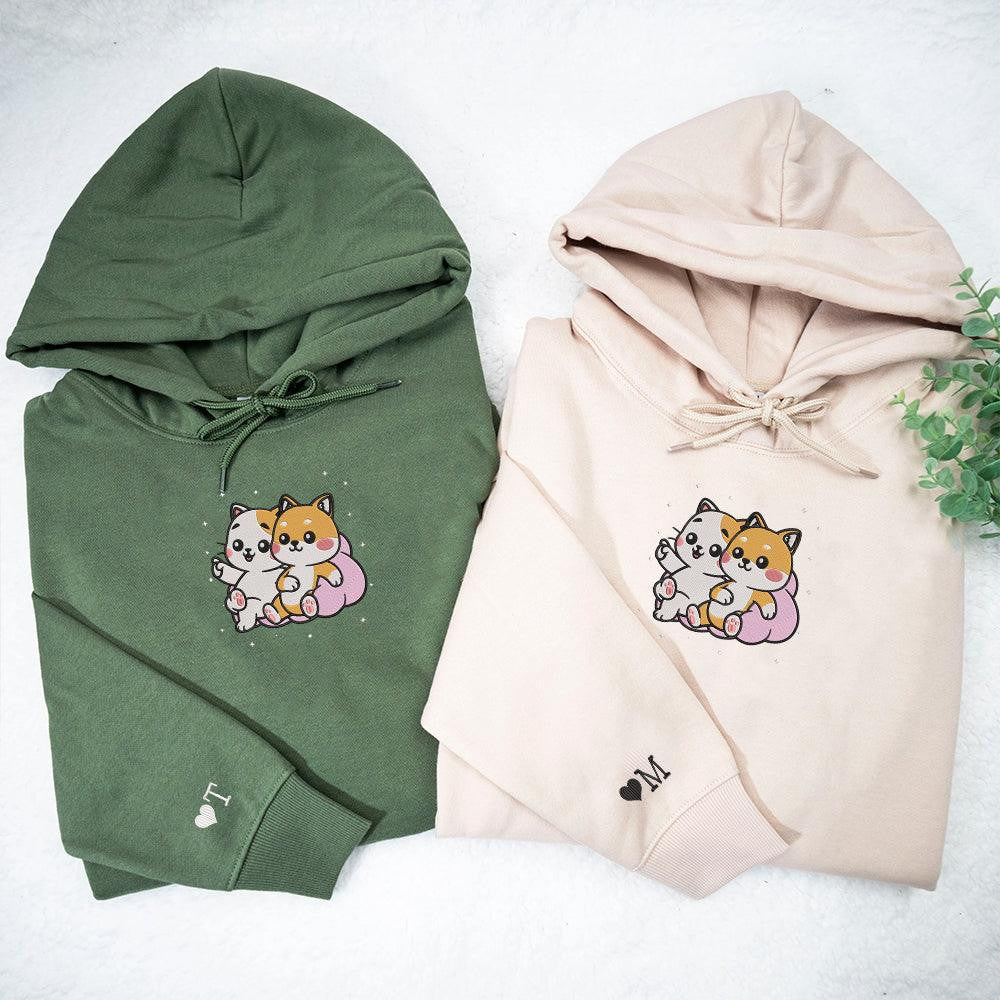 Cute Cat x Dog Custom Embroidered Matching Hoodies For Couples