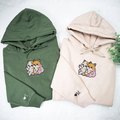 Cute Cat x Dog Custom Embroidered Matching Hoodies For Couples