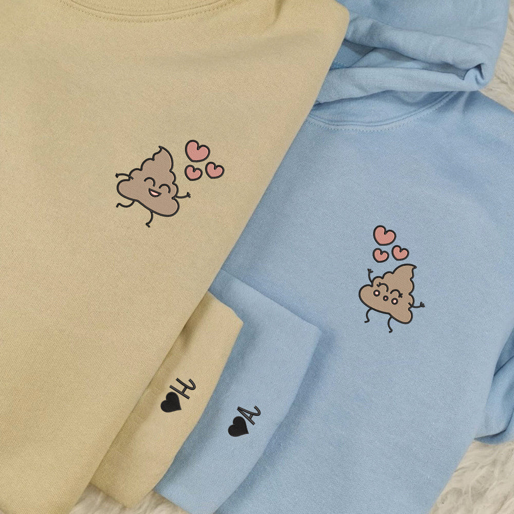 Cute Shit Cartoon Custom Embroidered Matching Hoodies For Couples