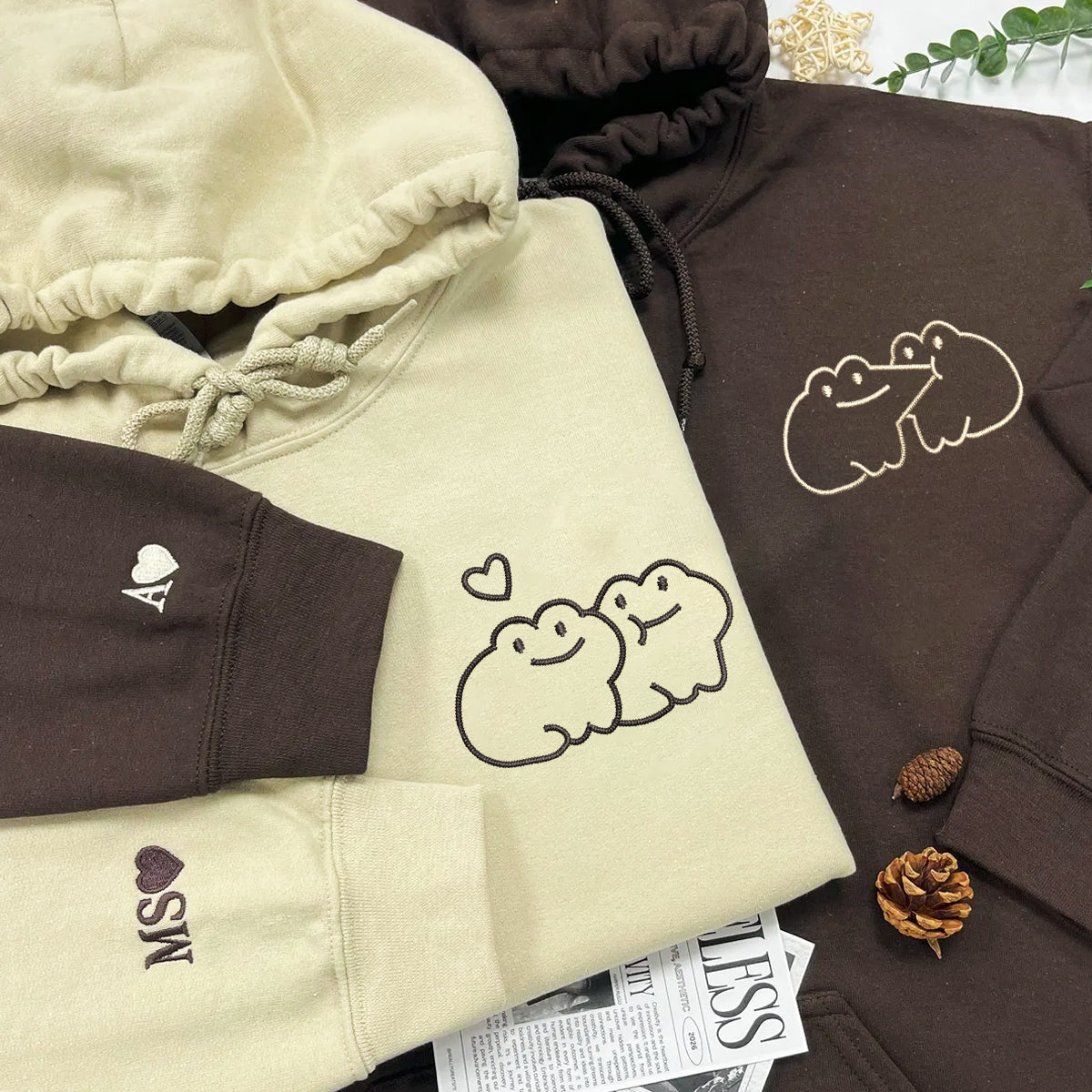 Custom Embroidered Kissing Frog Matching Hoodies for Couples