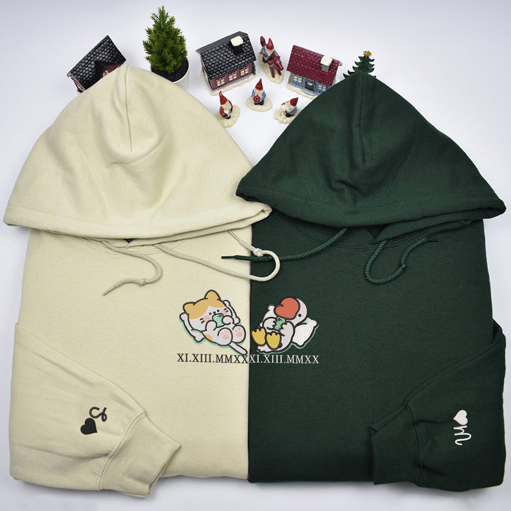 Cat x Cute Goose Custom Roman Numeral Matching Embroidered Hoodies For Couples