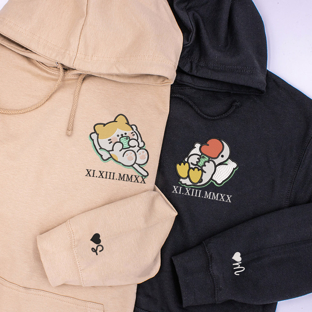 Cat x Cute Goose Custom Roman Numeral Matching Embroidered Hoodies For Couples