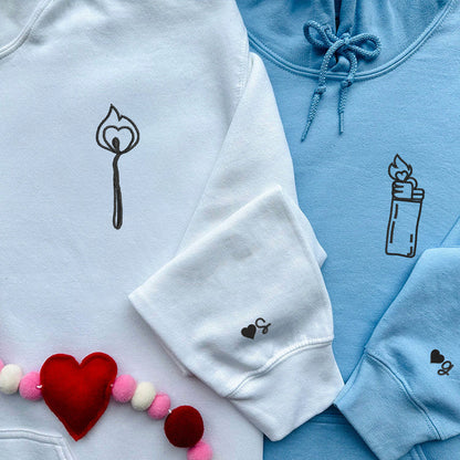 Custom Embroidered Lighter and Fire Matching Hoodies for Couples