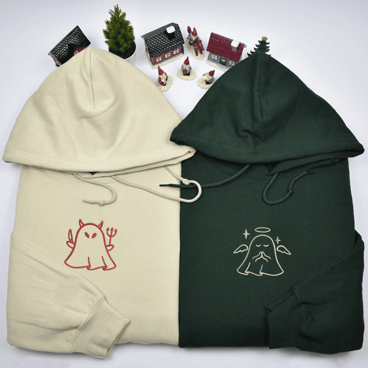 Custom Embroidered Ghost Angel and Devil Matching Hoodies for Couples