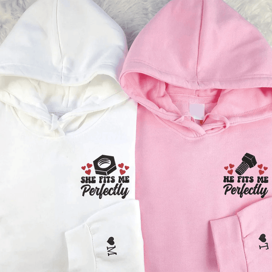 Personalized He Fits Me Perfectly Matching Embroidered Hoodies for Couple