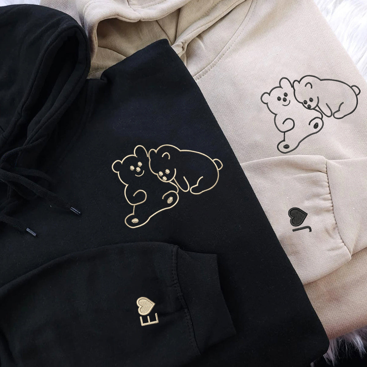Custom Embroidered Cute Bear Love Matching Hoodies for Couples