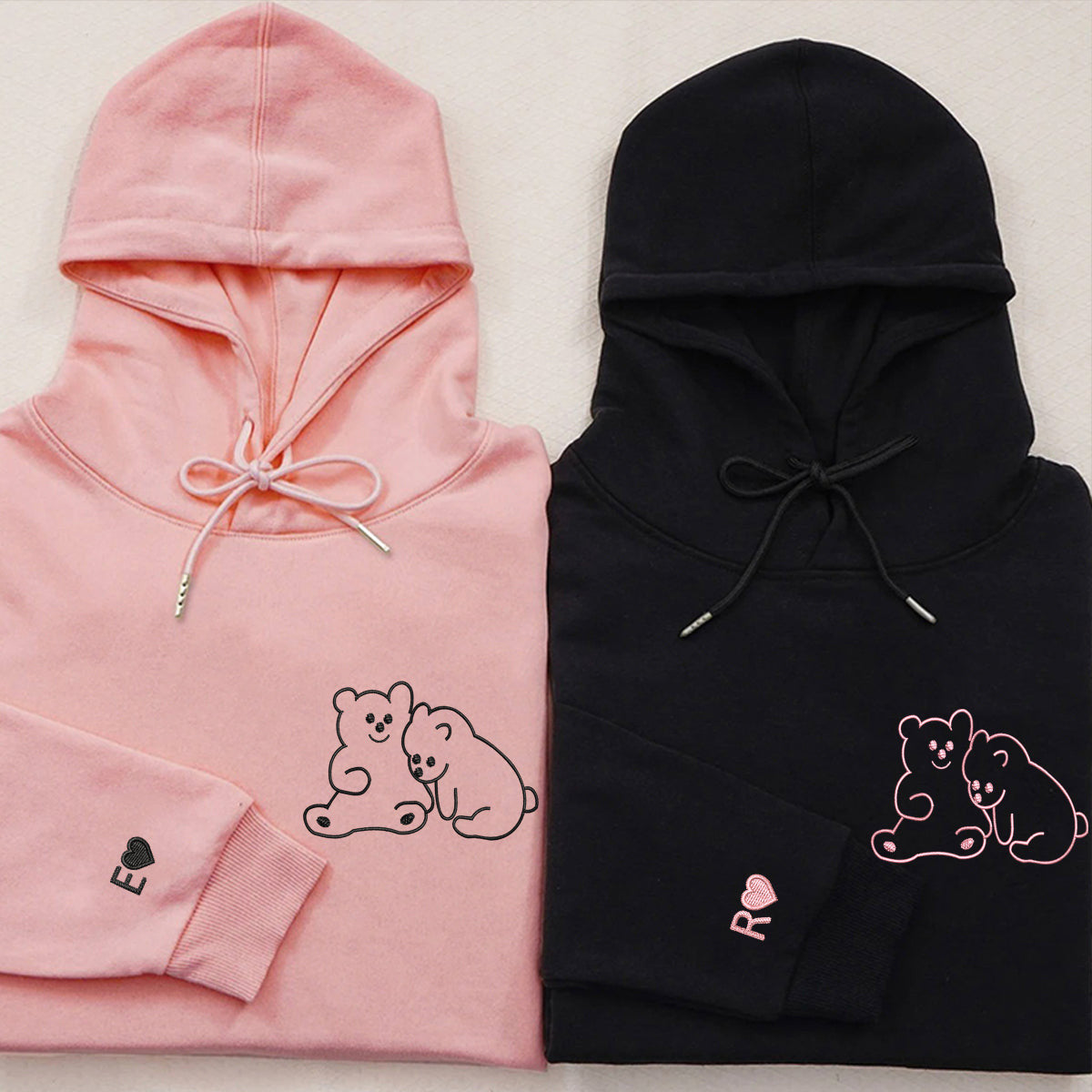 Custom Embroidered Cute Bear Love Matching Hoodies for Couples