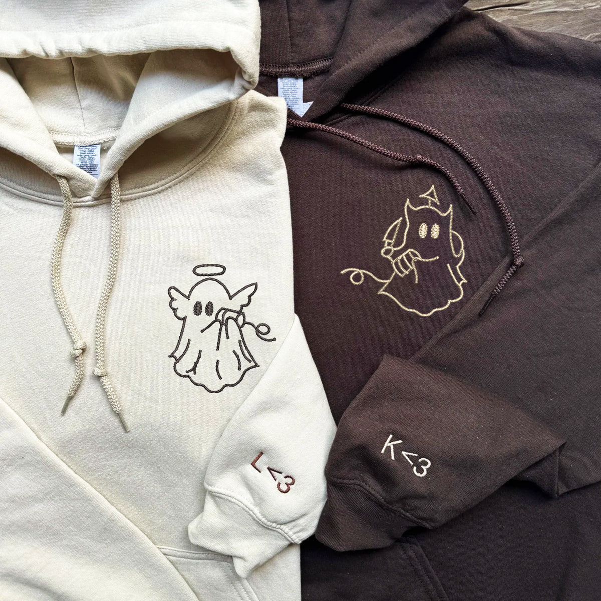 Custom Embroidered Angel Devil Ghost Matching Hoodie for Couples