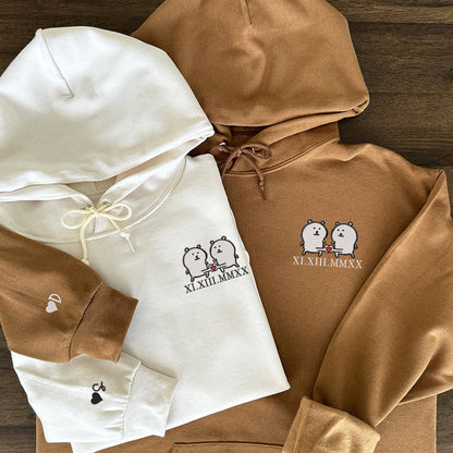 Funny White Bear Couple Custom Roman Numeral Matching Embroidered Hoodies For Couples