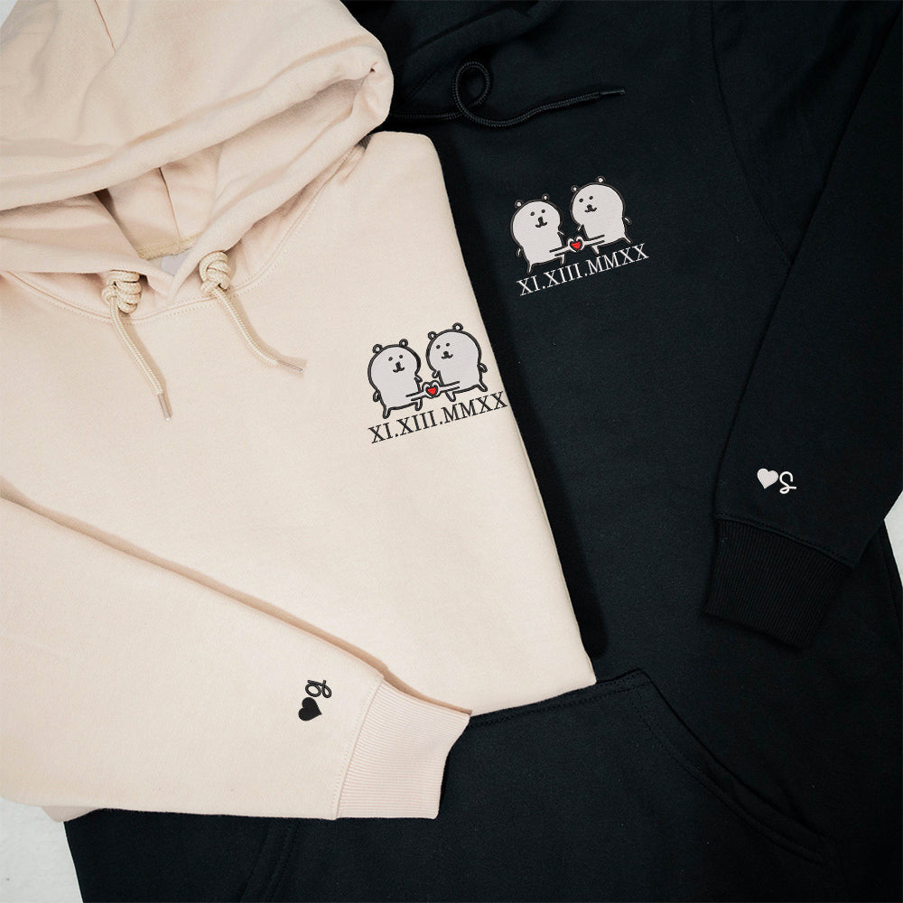 Funny White Bear Couple Custom Roman Numeral Matching Embroidered Hoodies For Couples