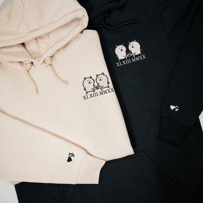 Funny White Bear Couple Custom Roman Numeral Matching Embroidered Hoodies For Couples