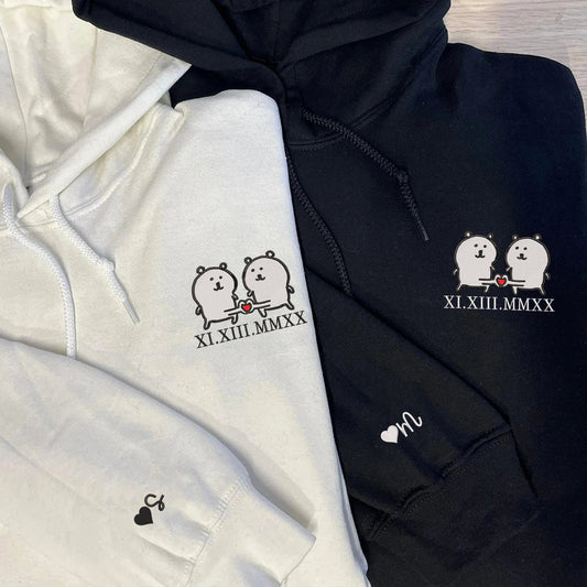 Funny White Bear Couple Custom Roman Numeral Matching Embroidered Hoodies For Couples